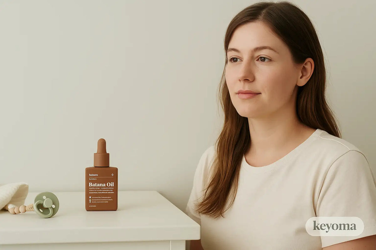 A calm new mom sits beside a bottle of batana oil on a nursery dresser, showing Keyoma’s gentle approach to postpartum hair care.
