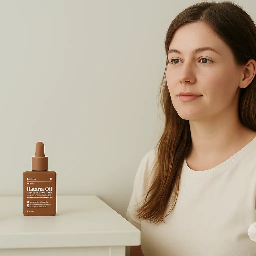 A calm new mom sits beside a bottle of batana oil on a nursery dresser, showing Keyoma’s gentle approach to postpartum hair care.