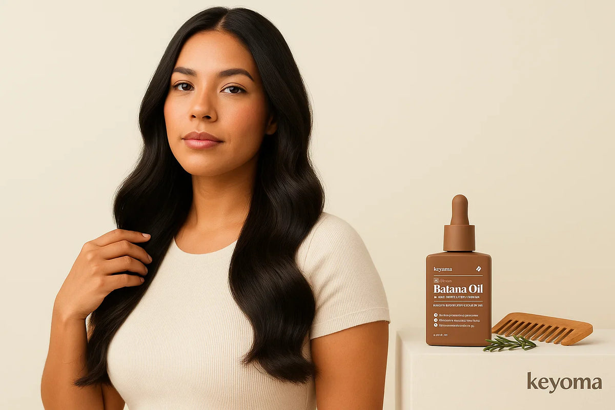 Woman with long glossy waves poses beside Keyoma Batana Oil bottle, wooden comb, rosemary, scalp care.