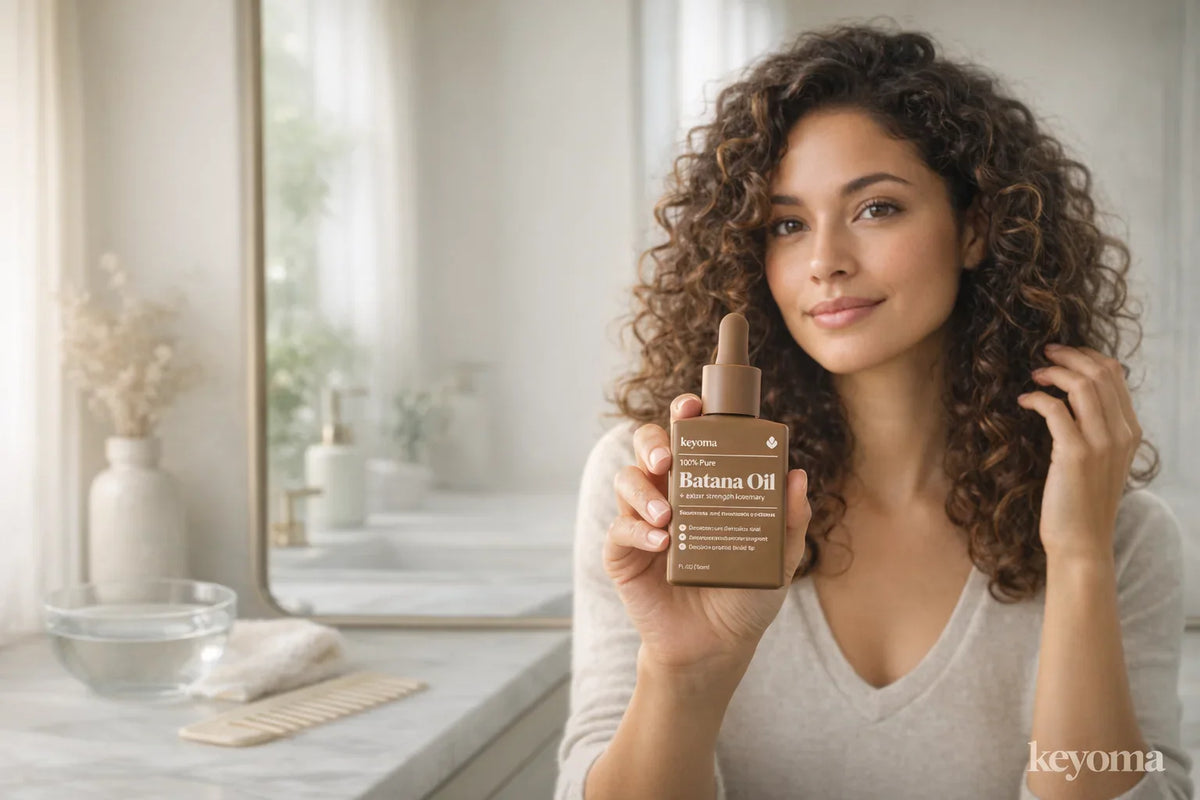 Curly-haired woman holds Keyoma batana oil in a bright bathroom, showing leave-in frizz smoothing.