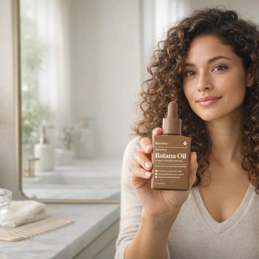Curly-haired woman holds Keyoma batana oil in a bright bathroom, showing leave-in frizz smoothing.