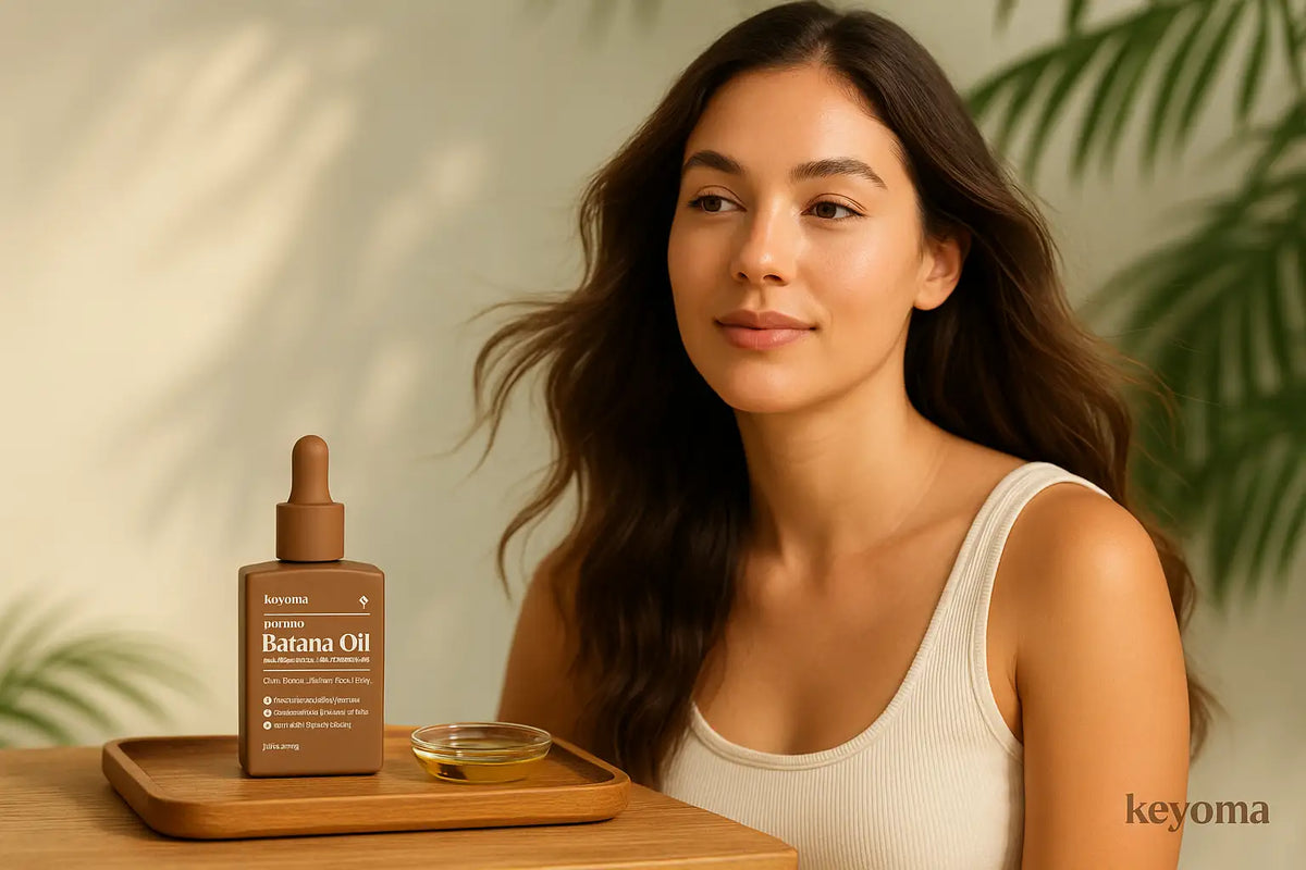 In warm natural light, a woman with wavy hair sits beside a wooden tray holding Keyoma Batana Oil and a small dish of oil, suggesting a gentle hair-care ritual.