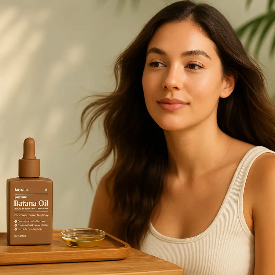 In warm natural light, a woman with wavy hair sits beside a wooden tray holding Keyoma Batana Oil and a small dish of oil, suggesting a gentle hair-care ritual.