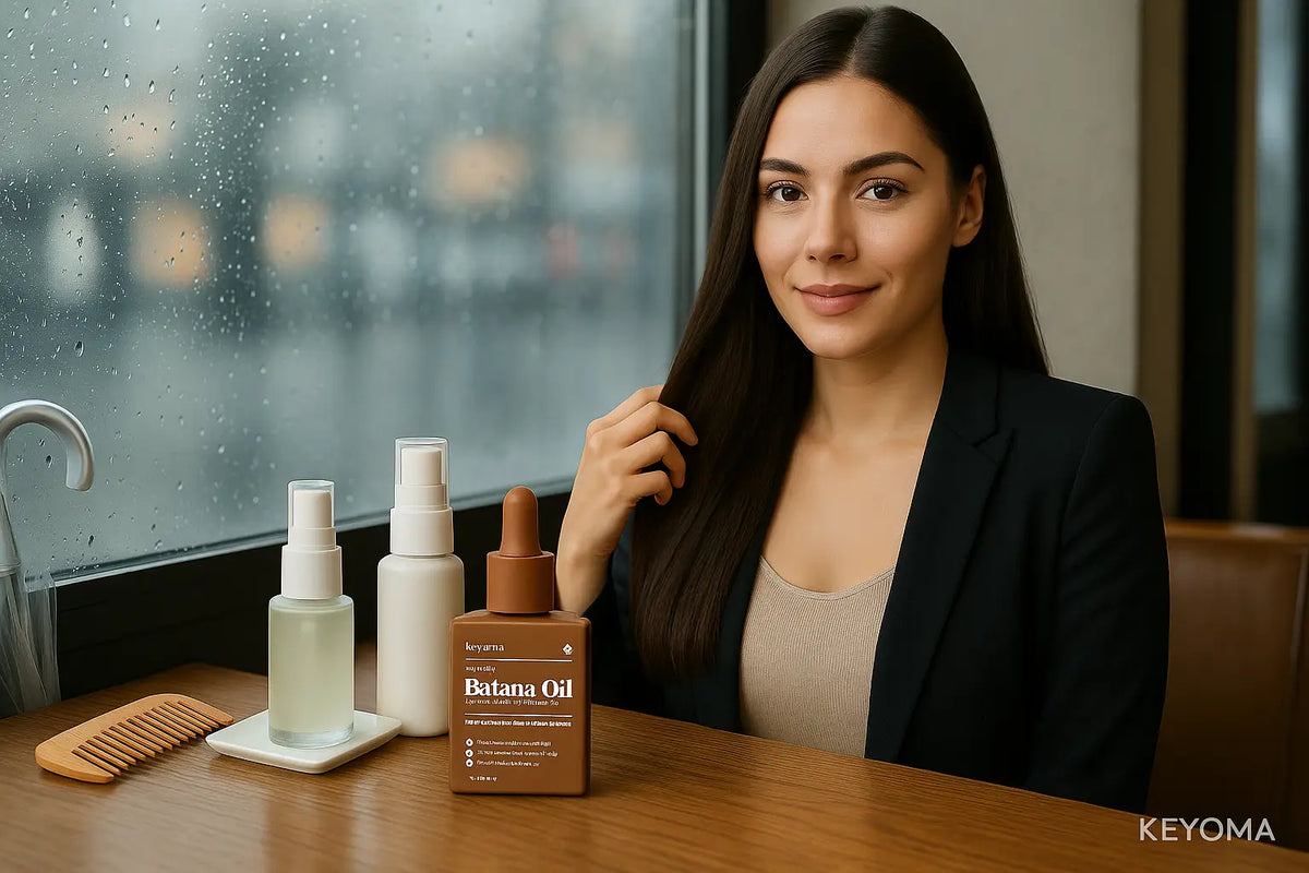 A woman with sleek hair sits by a rainy window, touching her hair beside Keyoma Batana Oil, two styling sprays, and a comb on a café table.