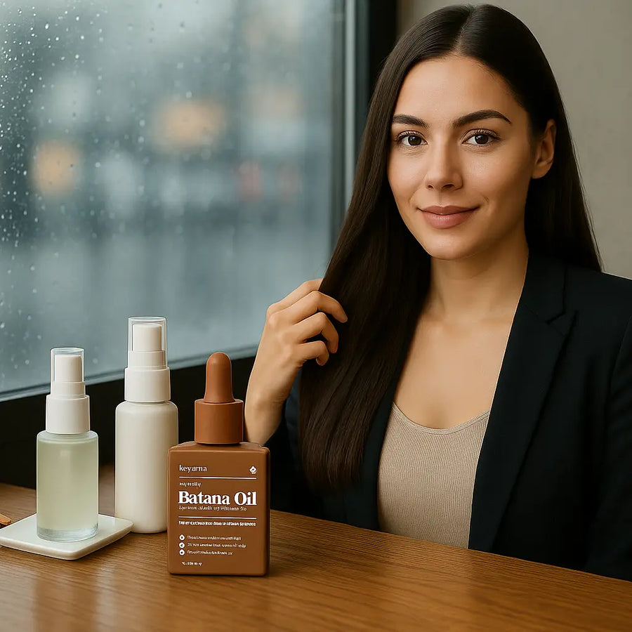 A woman with sleek hair sits by a rainy window, touching her hair beside Keyoma Batana Oil, two styling sprays, and a comb on a café table.