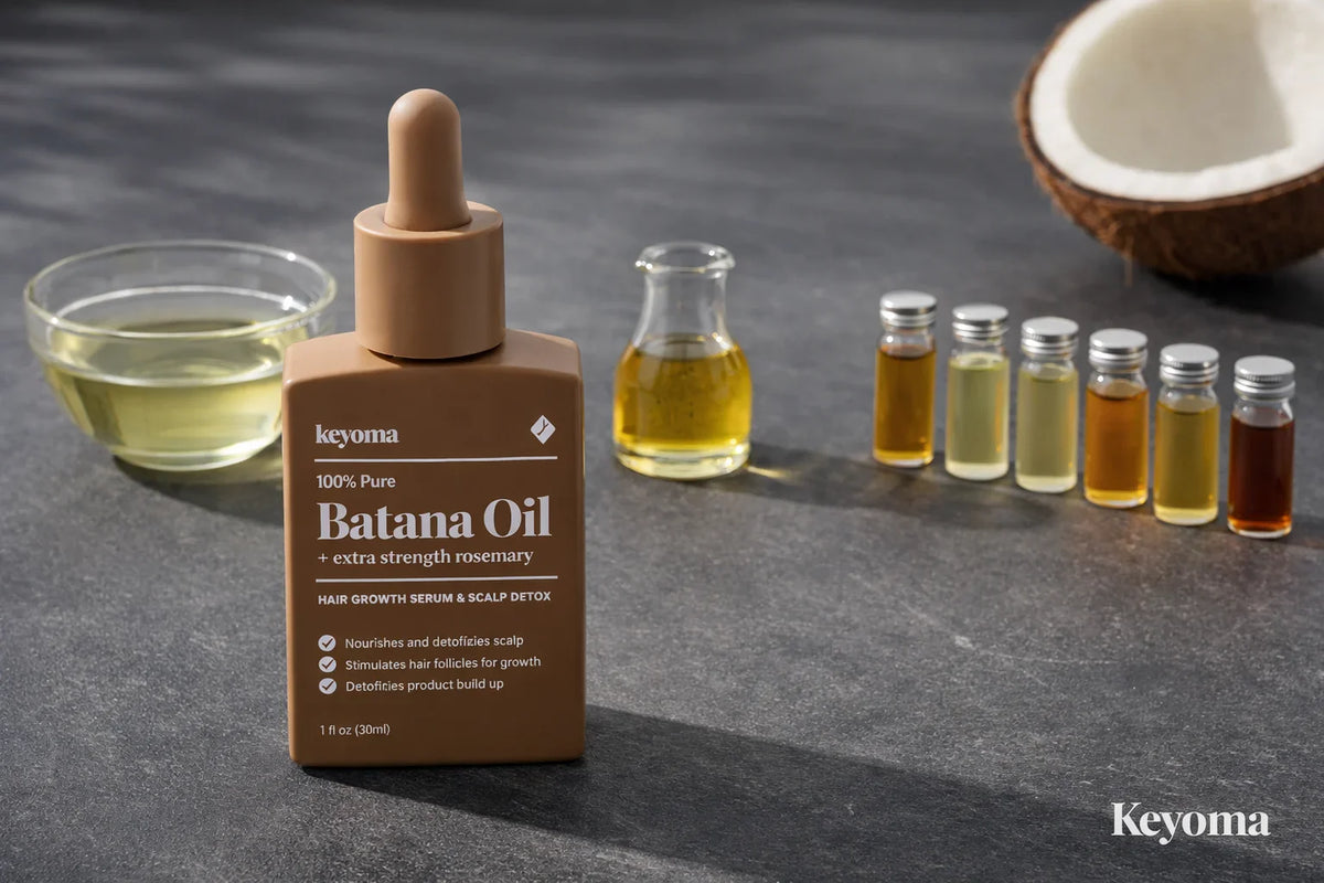 Keyoma batana oil with rosemary serum bottle displayed with natural oils and ingredients.
