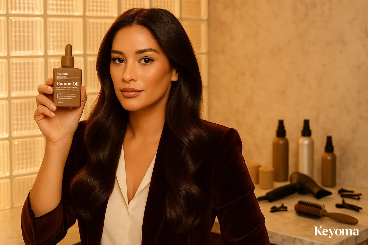 Brunette model holds Keyoma Batana Oil in a salon setting, showcasing glossy waves and haircare.