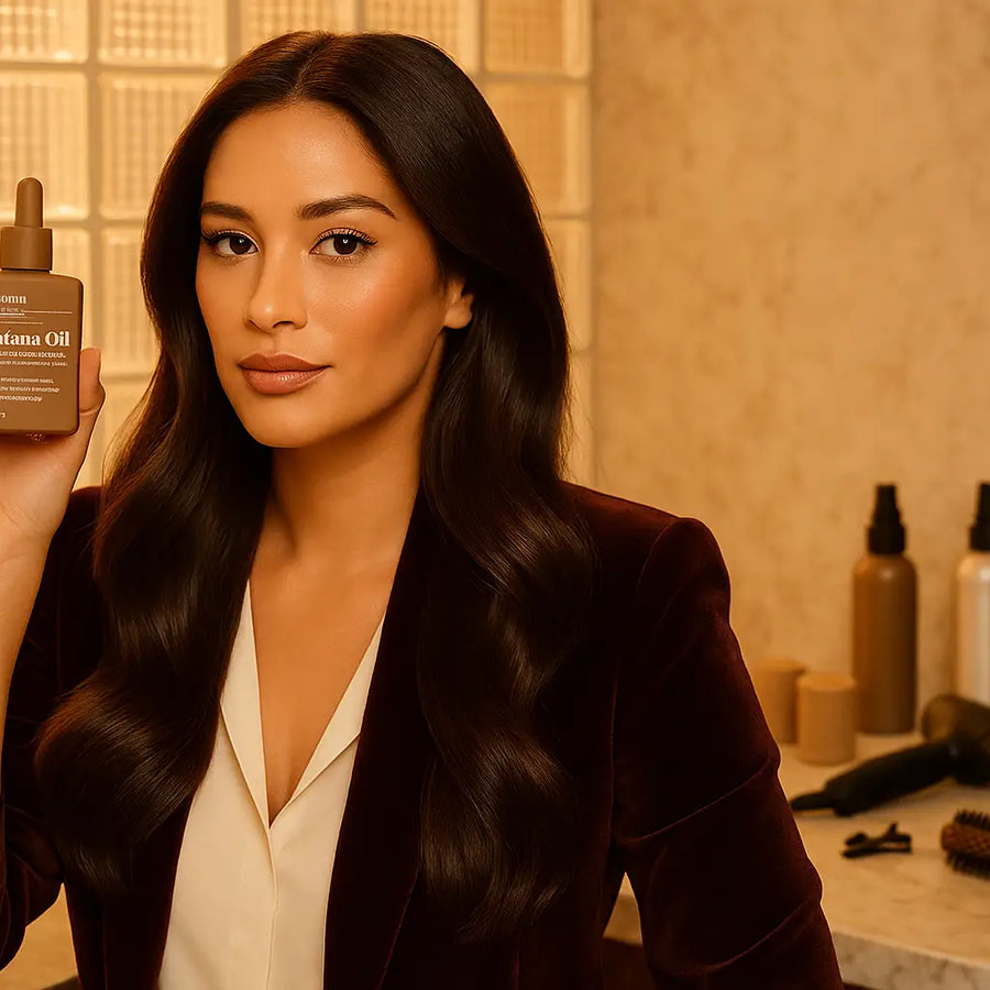 Brunette model holds Keyoma Batana Oil in a salon setting, showcasing glossy waves and haircare.