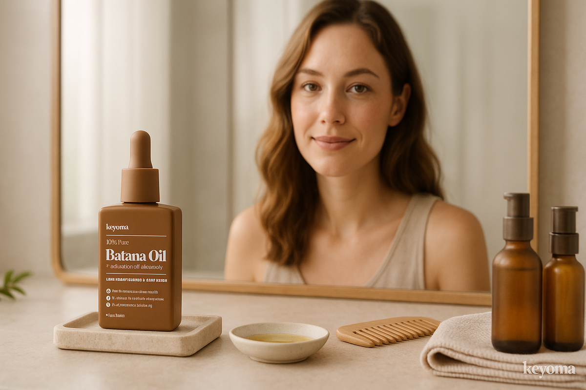A calm bathroom vanity displays a Keyoma batana oil dropper bottle beside a small dish of oil, a wooden comb, and amber pump bottles while a woman with shoulder-length hair smiles in the mirror, suggesting a gentle hair-care routine.