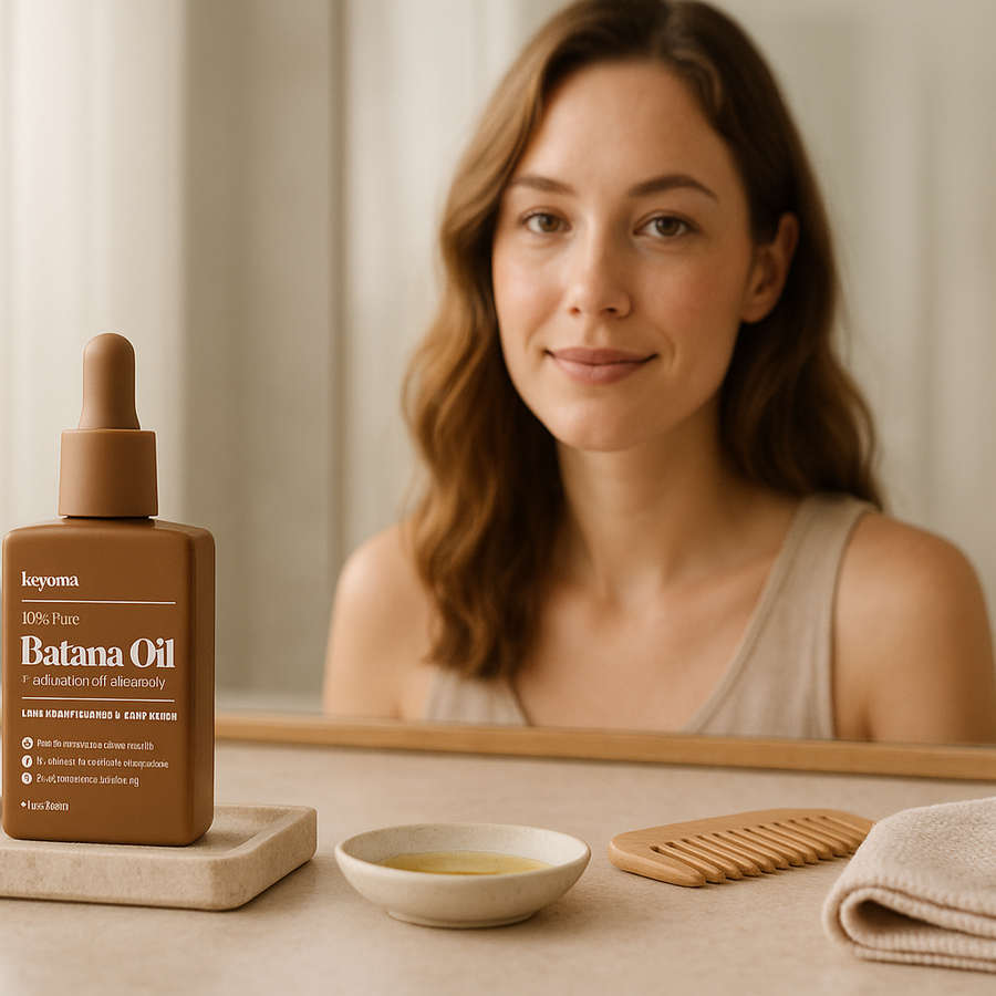 A calm bathroom vanity displays a Keyoma batana oil dropper bottle beside a small dish of oil, a wooden comb, and amber pump bottles while a woman with shoulder-length hair smiles in the mirror, suggesting a gentle hair-care routine.