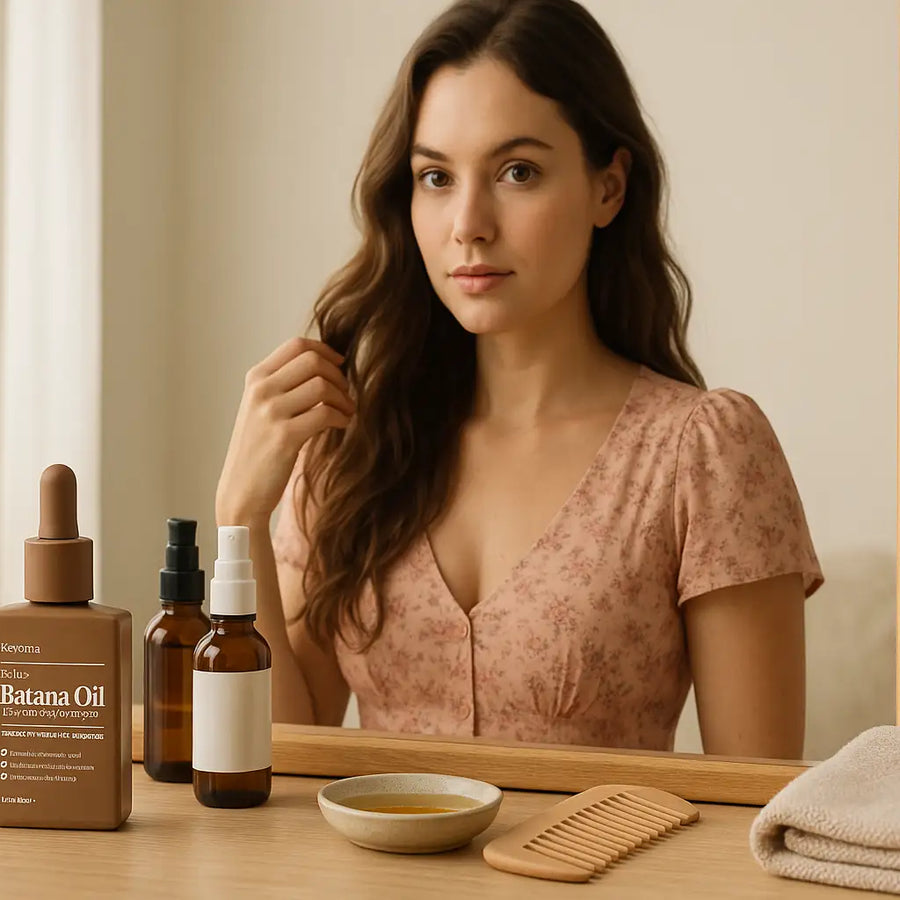 A woman at a vanity touches her wavy hair next to Keyoma batana oil and other spray serums with a wooden comb, towel, and a small dish of oil reflected in a soft, minimalist mirror setup.