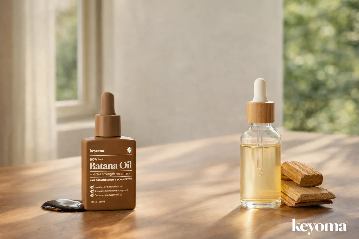 Batana oil bottle beside cedarwood oil dropper bottle on wooden table with soft window light comparison.