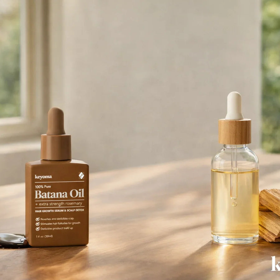Batana oil bottle beside cedarwood oil dropper bottle on wooden table with soft window light comparison.