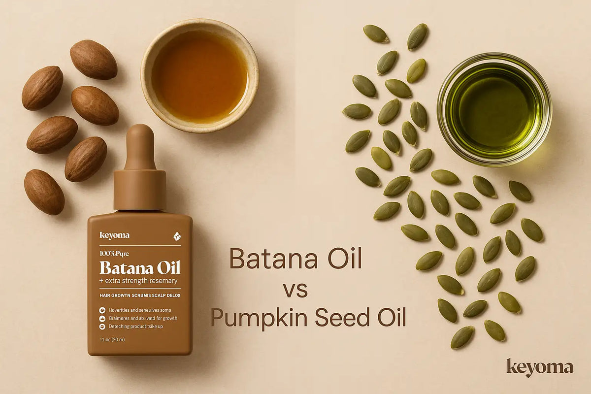A Keyoma comparison image showing batana oil with nuts and a bowl of golden oil on the left, and pumpkin seed oil with seeds and a bowl of green oil on the right, highlighting the differences between the two oils for hair care.