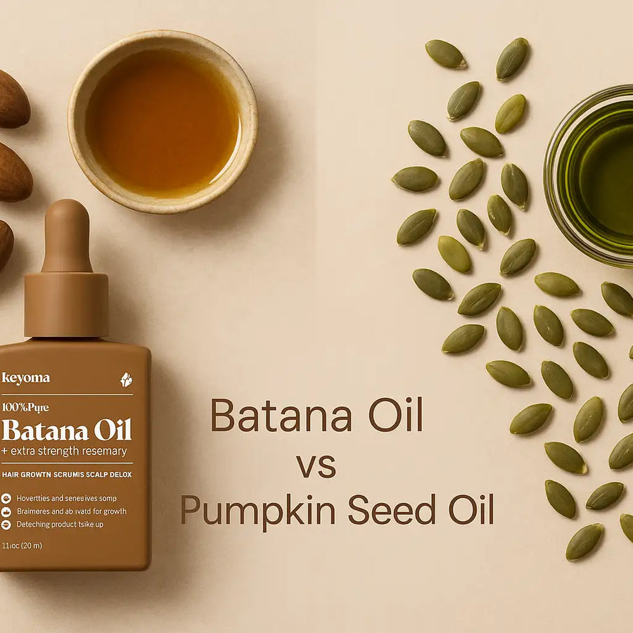A Keyoma comparison image showing batana oil with nuts and a bowl of golden oil on the left, and pumpkin seed oil with seeds and a bowl of green oil on the right, highlighting the differences between the two oils for hair care.
