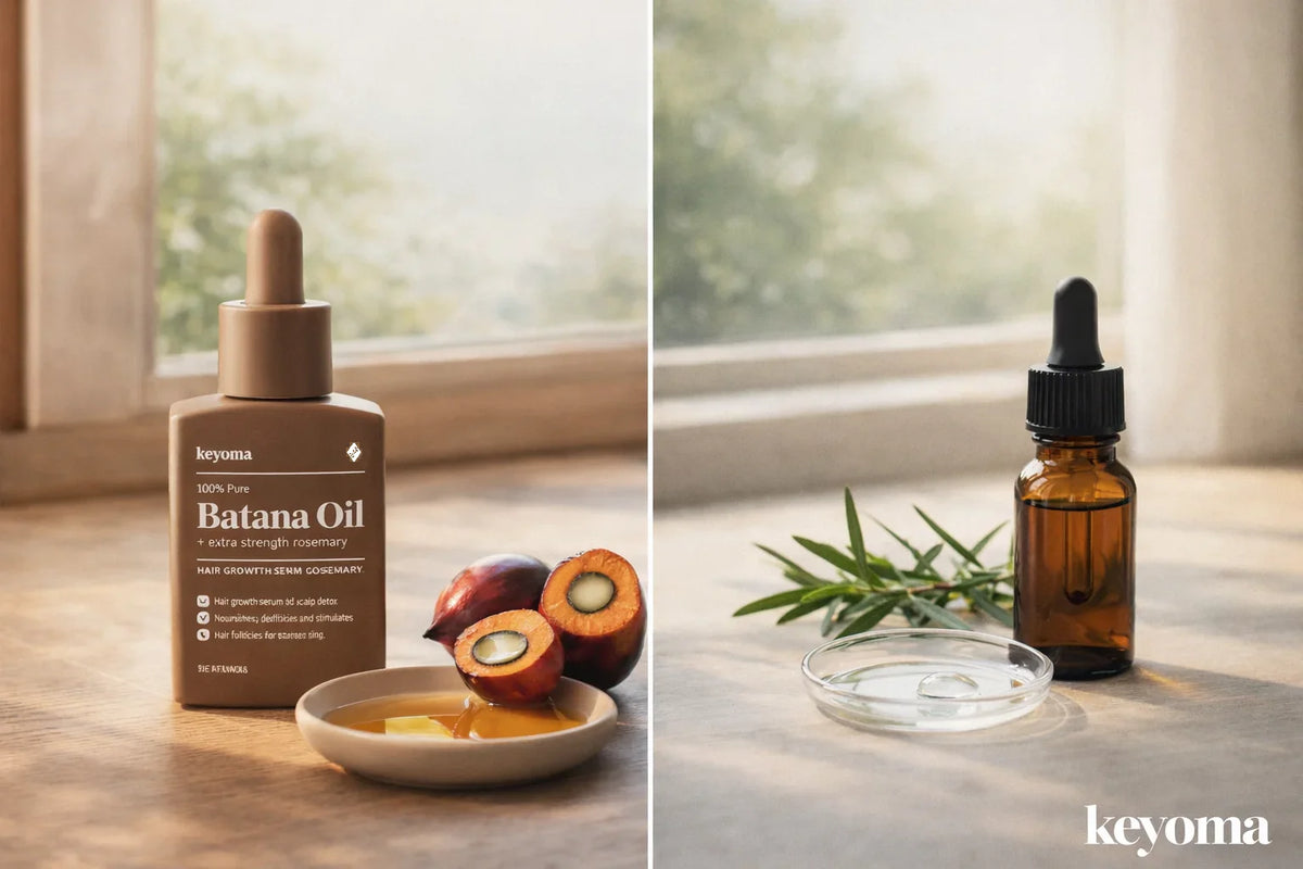 Batana oil vs rosemary oil bottles on table near window light with dropper and plant leaves.