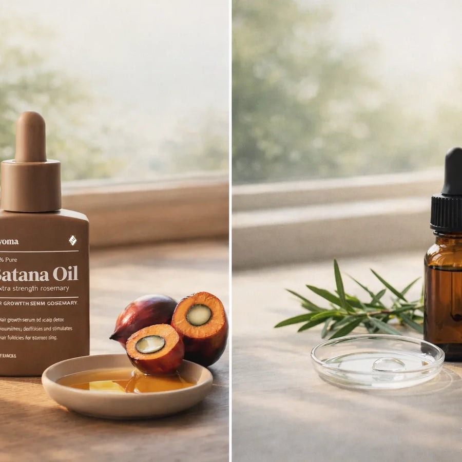 Batana oil vs rosemary oil bottles on table near window light with dropper and plant leaves.