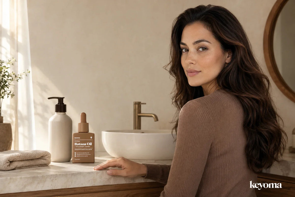 Keyoma batana oil bottle sits beside woman looking back at bathroom vanity.