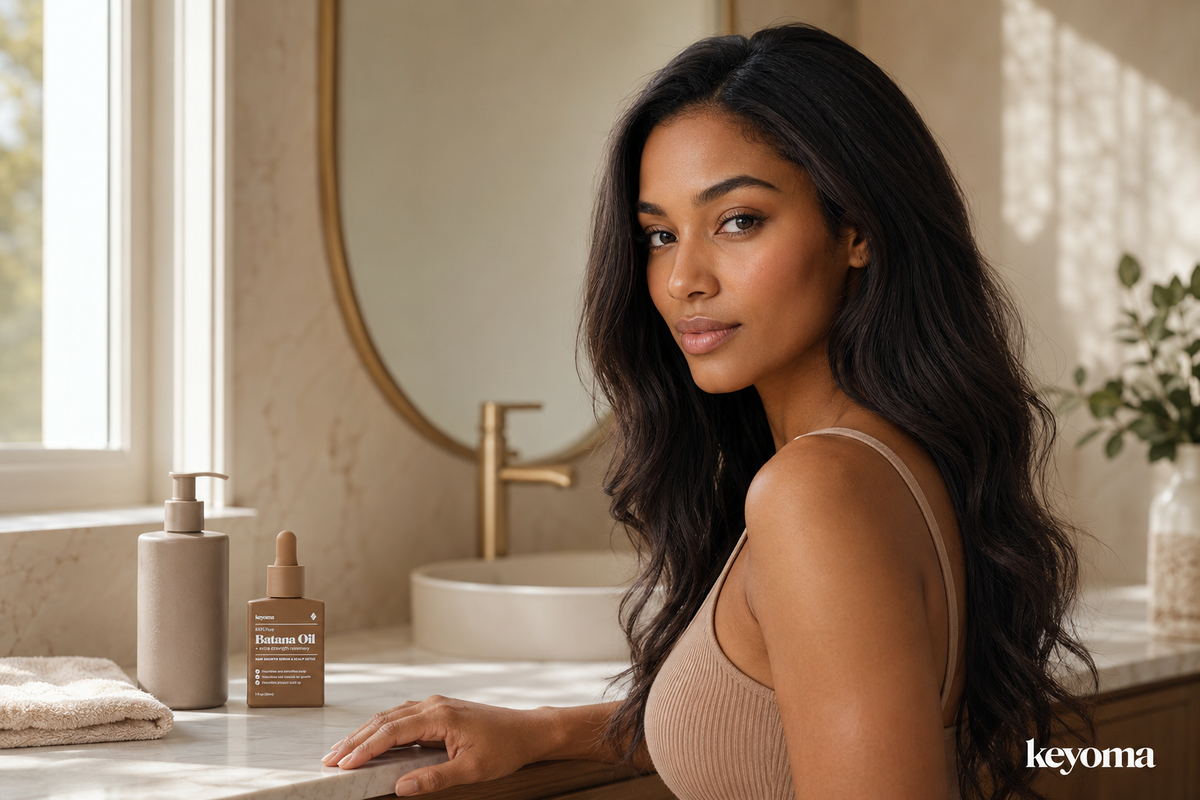 Keyoma batana oil bottle sits beside woman in bathroom vanity side pose.