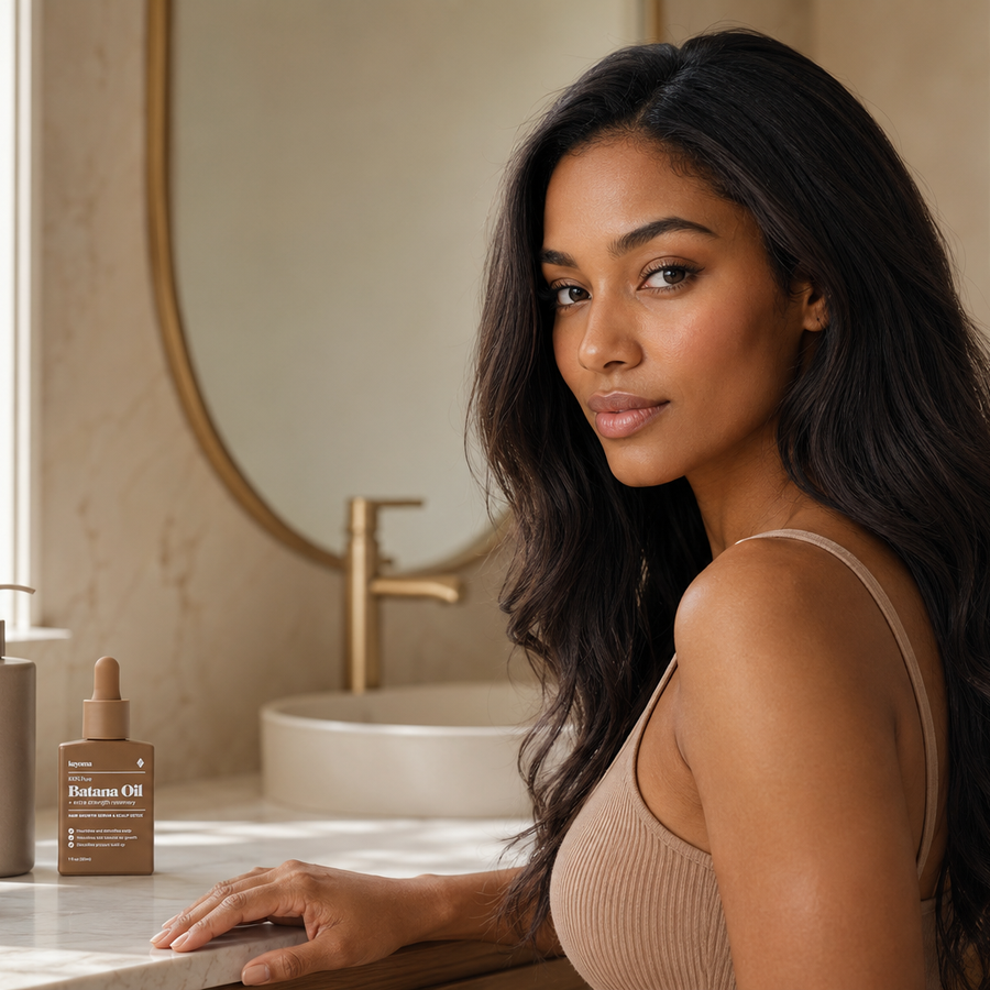 Keyoma batana oil bottle sits beside woman in bathroom vanity side pose.