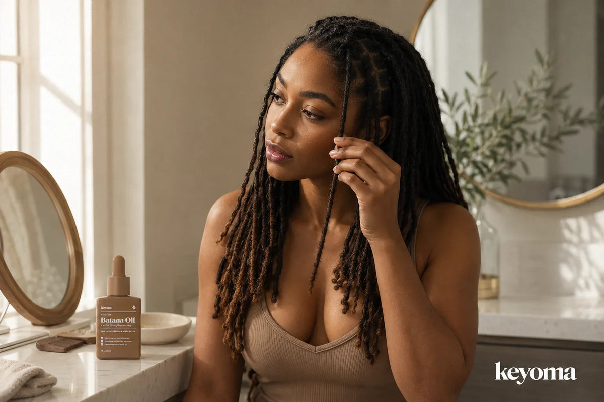 Keyoma Batana Oil bottle beside woman holding locs near bathroom vanity mirror.