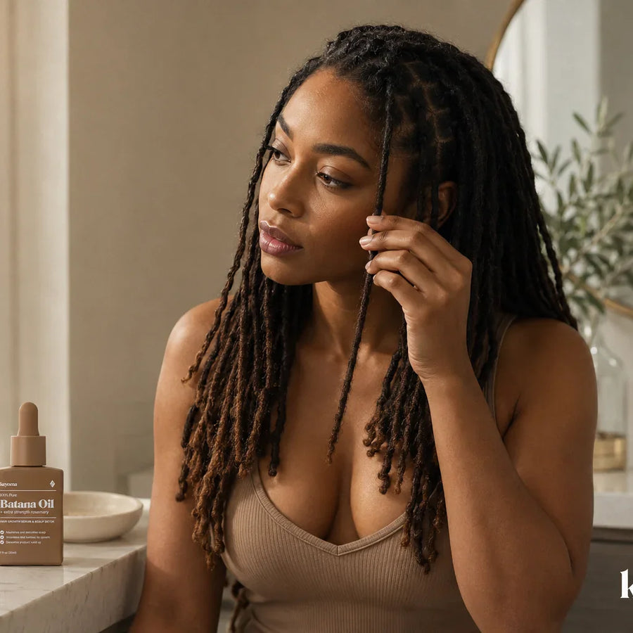 Keyoma Batana Oil bottle beside woman holding locs near bathroom vanity mirror.