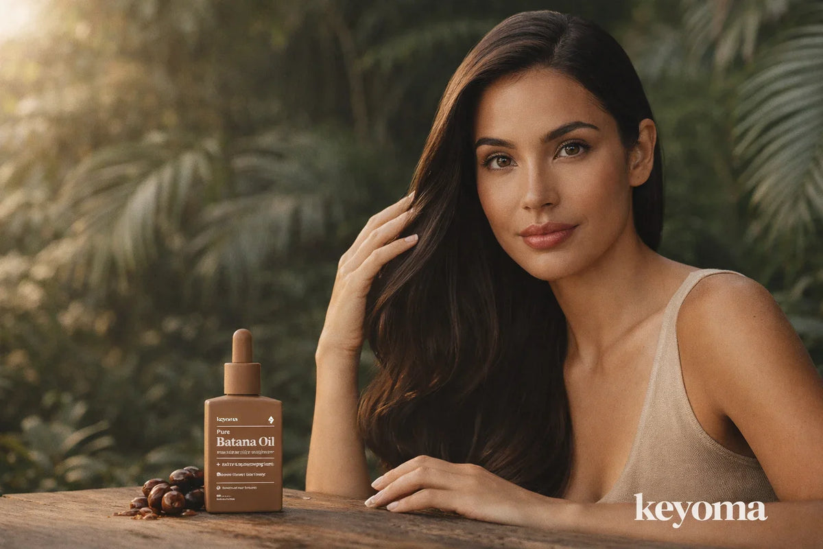 Woman touching smooth hair beside batana oil bottle and seeds in natural jungle setting.