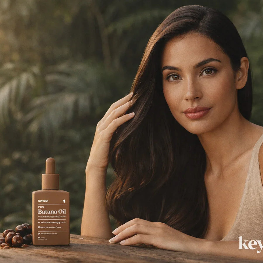 Woman touching smooth hair beside batana oil bottle and seeds in natural jungle setting.