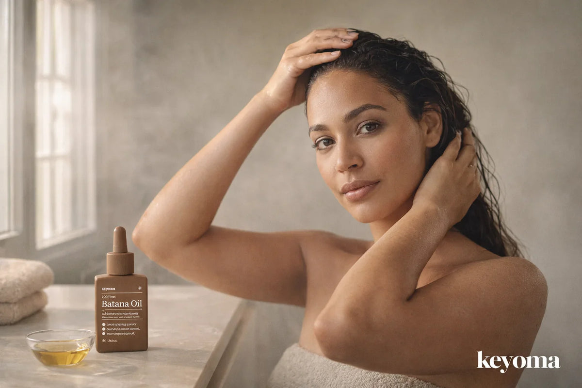 Woman applying batana oil to wet hair in bathroom with bottle and bowl near window light.