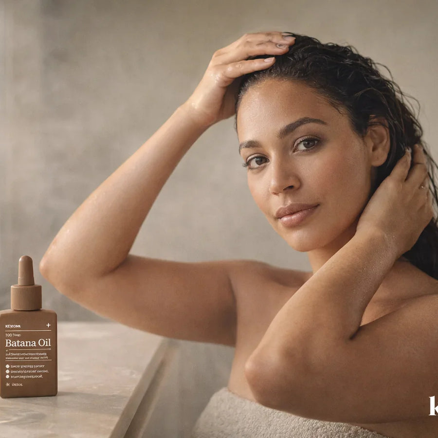 Woman applying batana oil to wet hair in bathroom with bottle and bowl near window light.