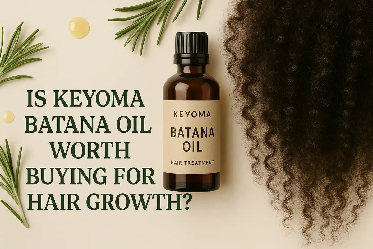 Keyoma Batana Oil bottle placed next to curly hair and rosemary sprigs with text asking if it's worth buying for hair growth