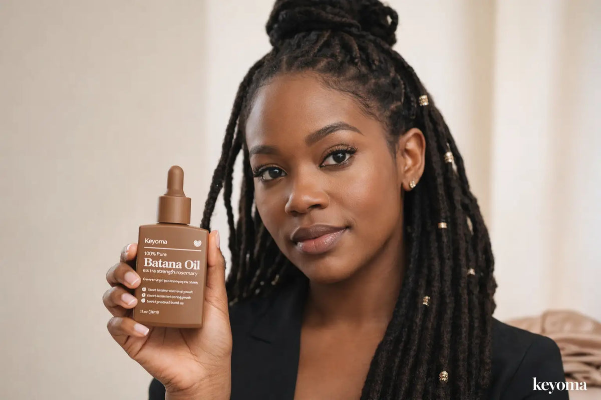 Portrait of a woman with locs holding Keyoma batana oil with rosemary hair serum bottle.