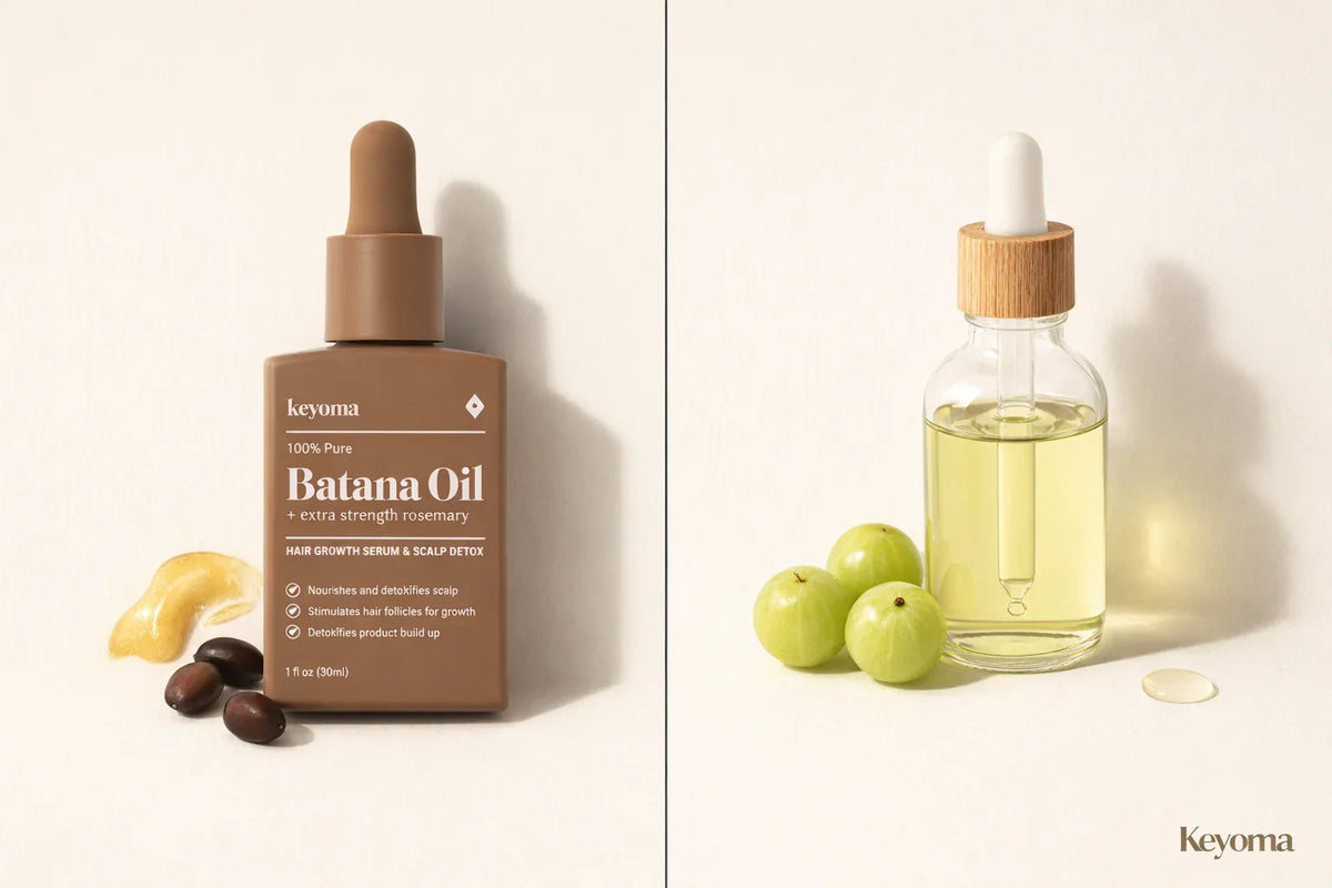 Side by side oil bottles compare textures and ingredients, visually supporting Keyoma batana versus amla oil differences.