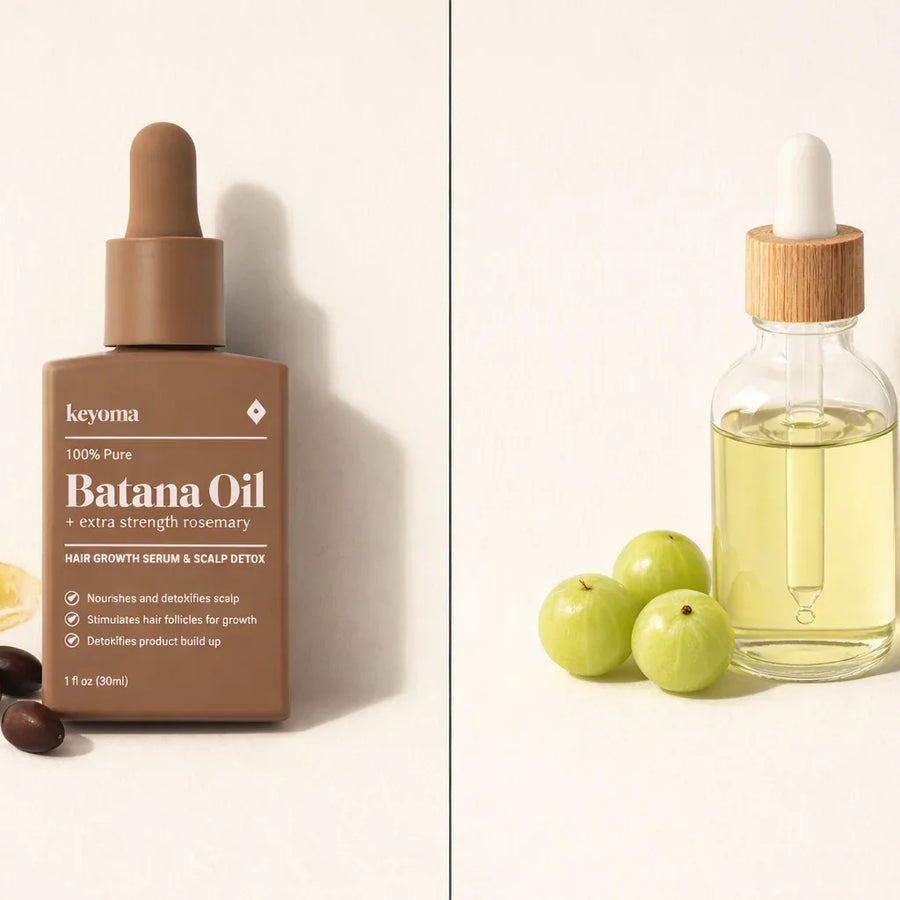 Side by side oil bottles compare textures and ingredients, visually supporting Keyoma batana versus amla oil differences.