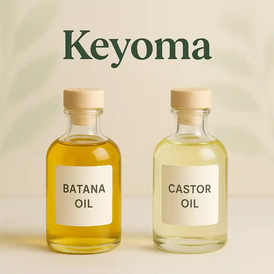 Batana oil and castor oil comparison banner featuring Keyoma