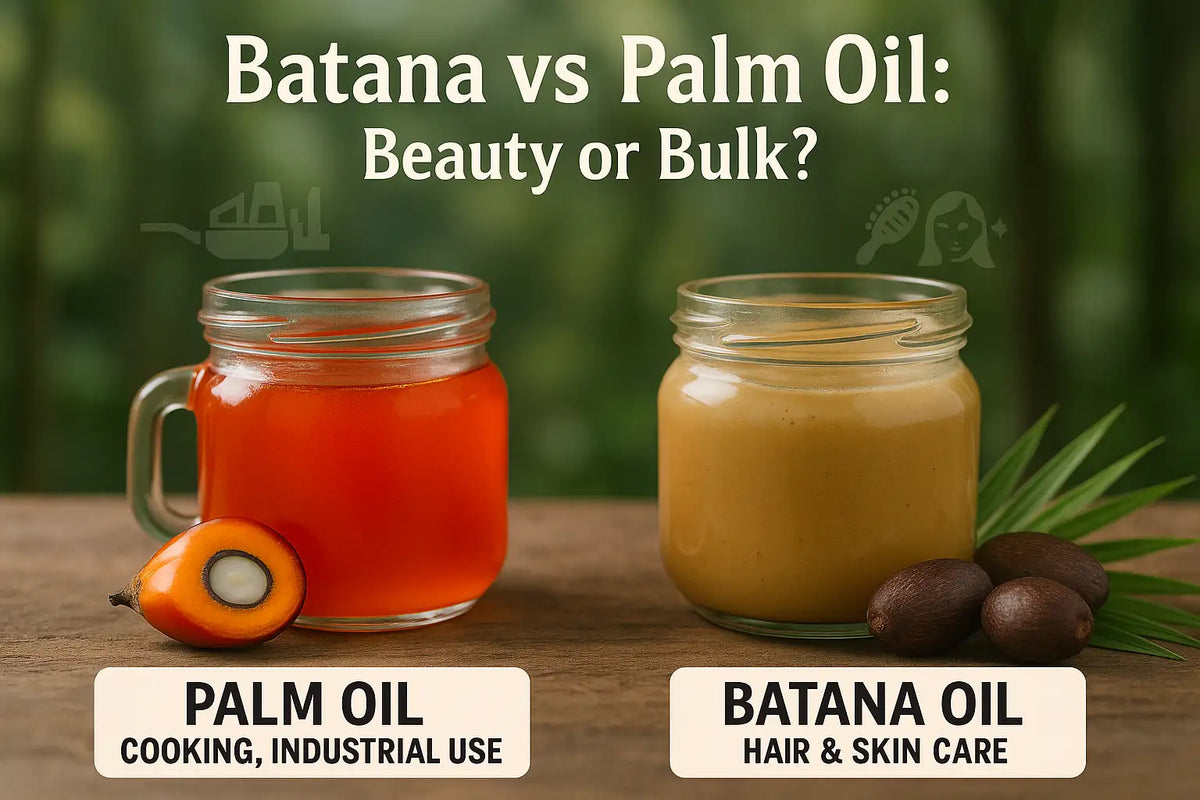 A comparison of batana oil and palm oil showing Keyoma's focus on hair and skincare benefits versus palm oil's industrial and cooking uses.