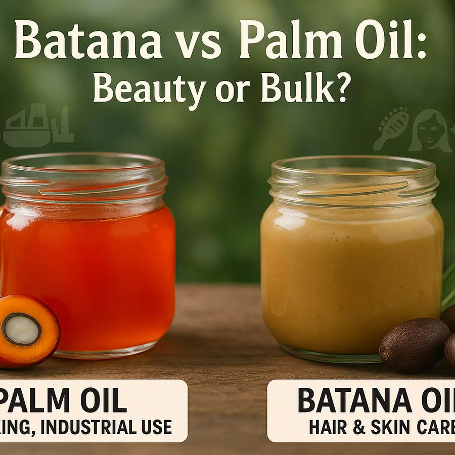 A comparison of batana oil and palm oil showing Keyoma's focus on hair and skincare benefits versus palm oil's industrial and cooking uses.