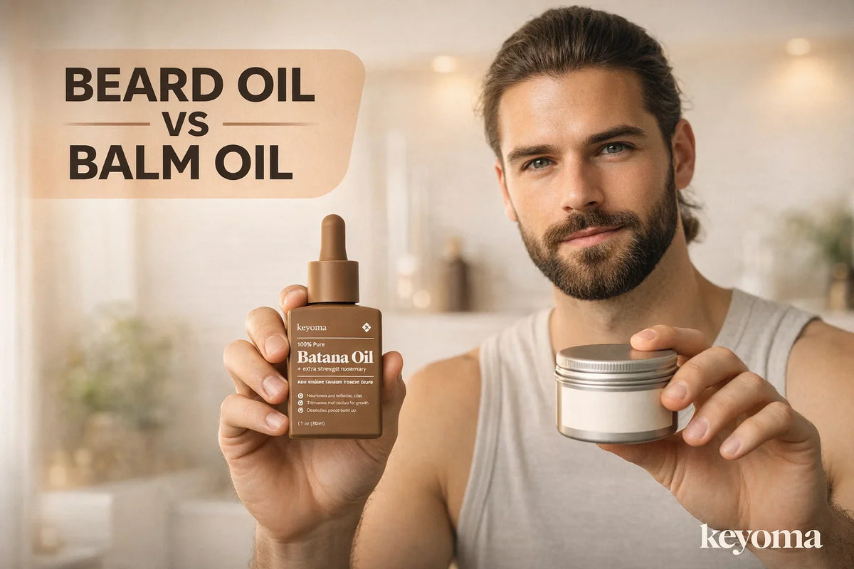 Keyoma model holds batana beard oil bottle and balm jar, comparing grooming options for men.