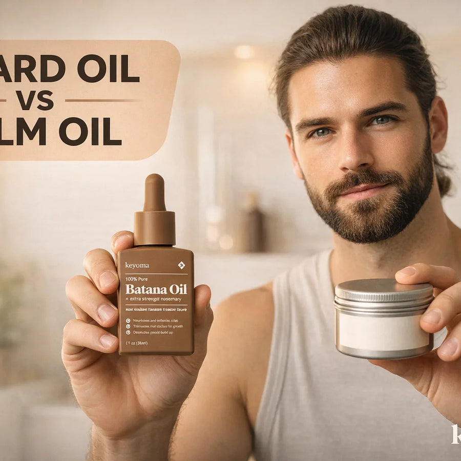 Keyoma model holds batana beard oil bottle and balm jar, comparing grooming options for men.