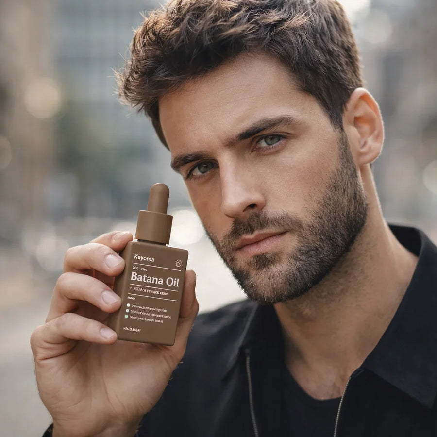 Man holds Keyoma batana oil in urban setting, highlighting beard care, grooming routine, and lightweight moisture.