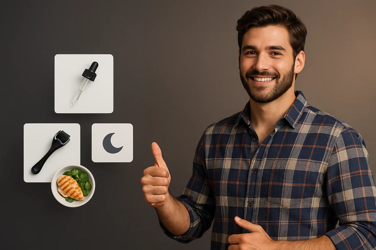 Smiling man endorses nighttime beard routine using Keyoma oil, dermaroller, and protein-rich nutrition for growth.