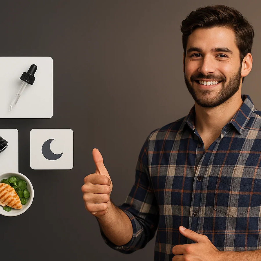 Smiling man endorses nighttime beard routine using Keyoma oil, dermaroller, and protein-rich nutrition for growth.