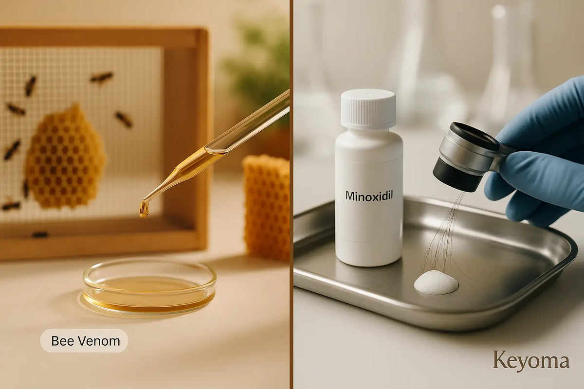 A split Keyoma image contrasts a dropper of golden bee venom beside a hive with a clinical bottle of minoxidil on a metal tray, illustrating natural versus prescription approaches to hair treatment.