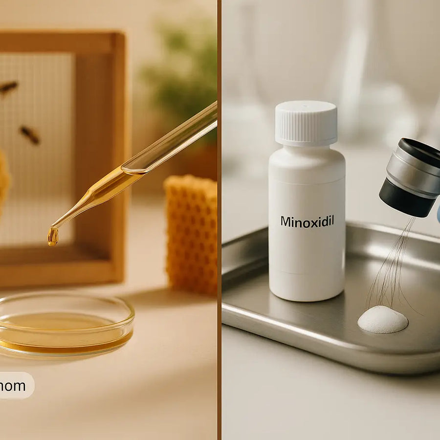 A split Keyoma image contrasts a dropper of golden bee venom beside a hive with a clinical bottle of minoxidil on a metal tray, illustrating natural versus prescription approaches to hair treatment.