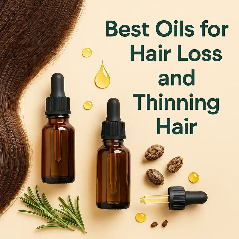 Keyoma-branded image featuring essential oils, rosemary, and hair strands promoting the best oils for hair loss and thinning hair