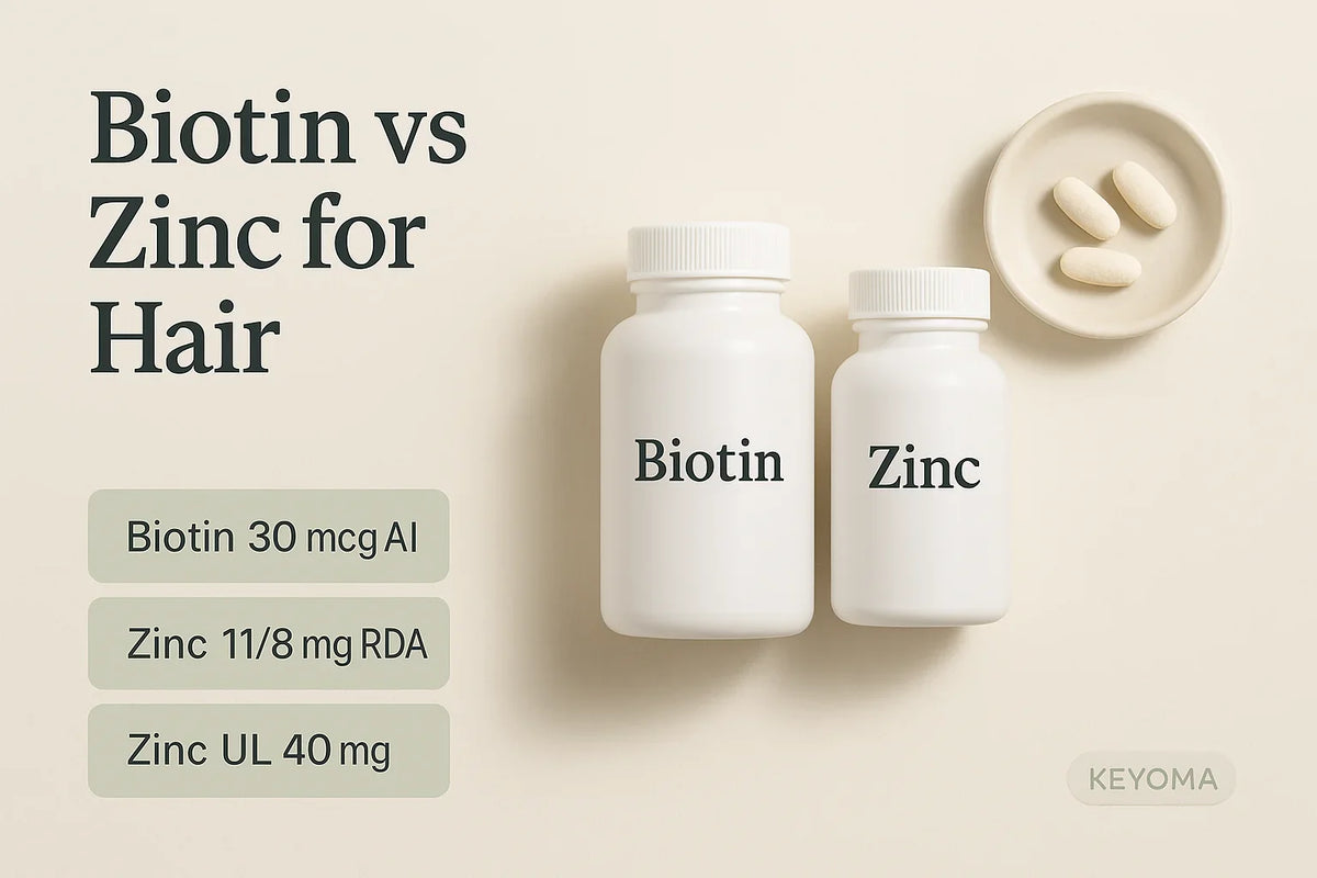 Keyoma side by side graphic comparing biotin and zinc for hair, listing biotin AI 30 mcg, zinc RDA 11 and 8 mg, and zinc UL 40 mg with two labeled bottles and tablets.