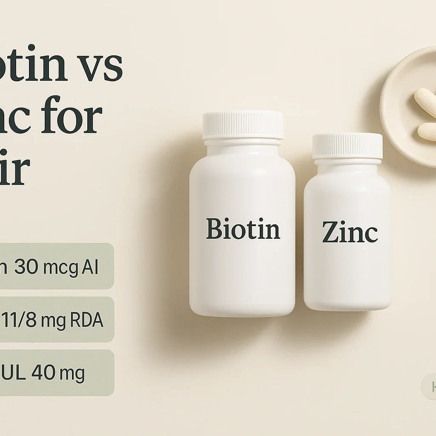 Keyoma side by side graphic comparing biotin and zinc for hair, listing biotin AI 30 mcg, zinc RDA 11 and 8 mg, and zinc UL 40 mg with two labeled bottles and tablets.