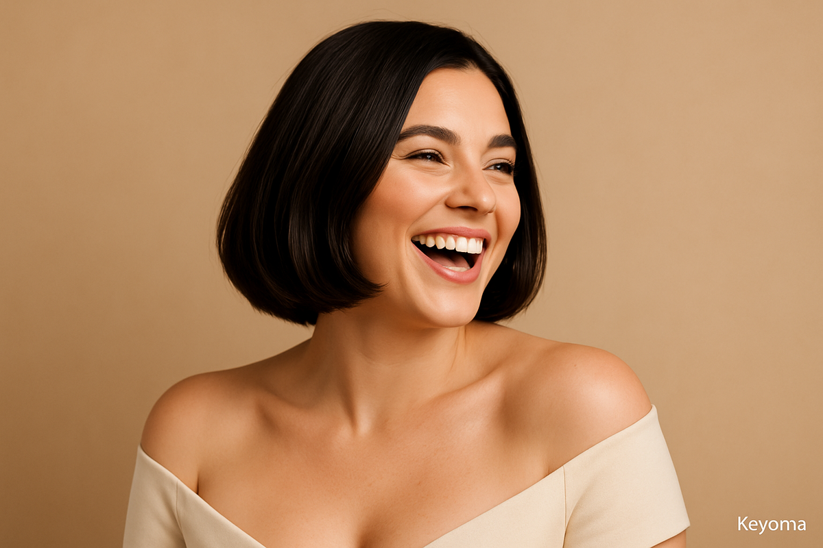 Smiling woman with sleek bob haircut poses for Keyoma, showcasing healthy shine and beauty portrait.