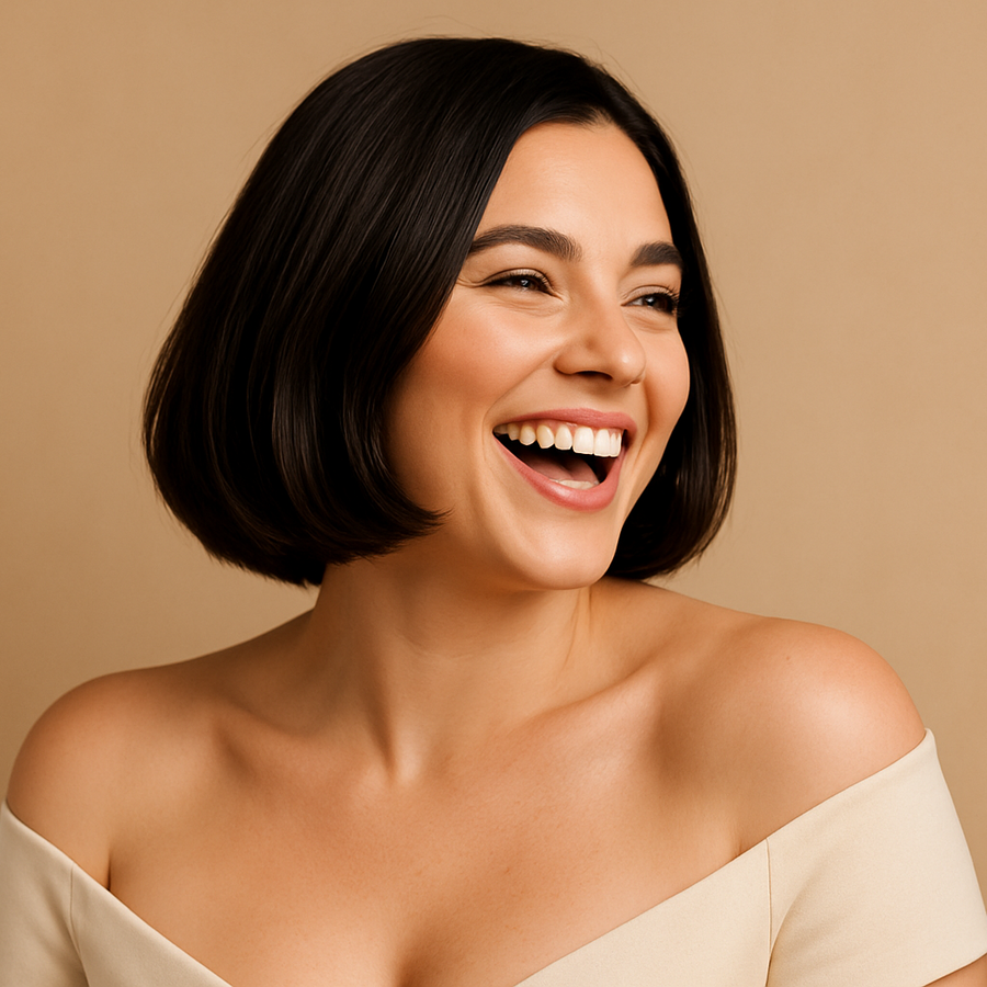 Smiling woman with sleek bob haircut poses for Keyoma, showcasing healthy shine and beauty portrait.