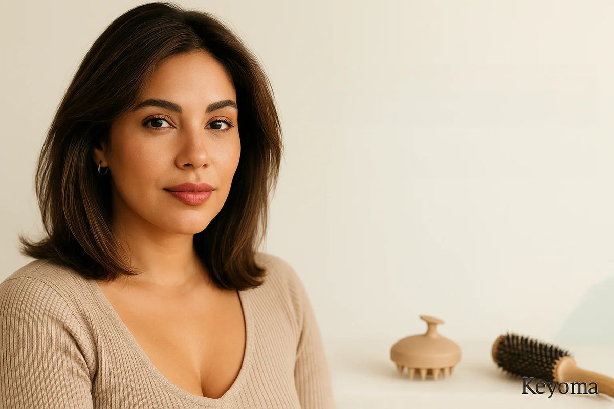 A confident brunette faces the camera beside a scalp massager and round brush, Keyoma hair care portrait.